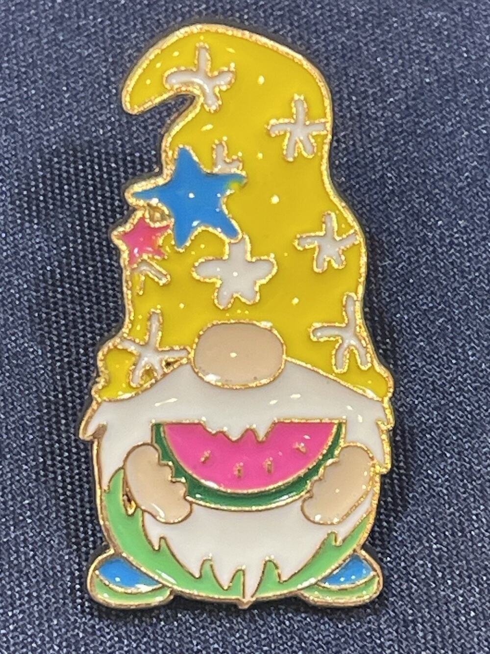 NWOT Gnome Watermelon Brooch Lapel Pin Enamel Multicolor Gold Toned Summer Fruit